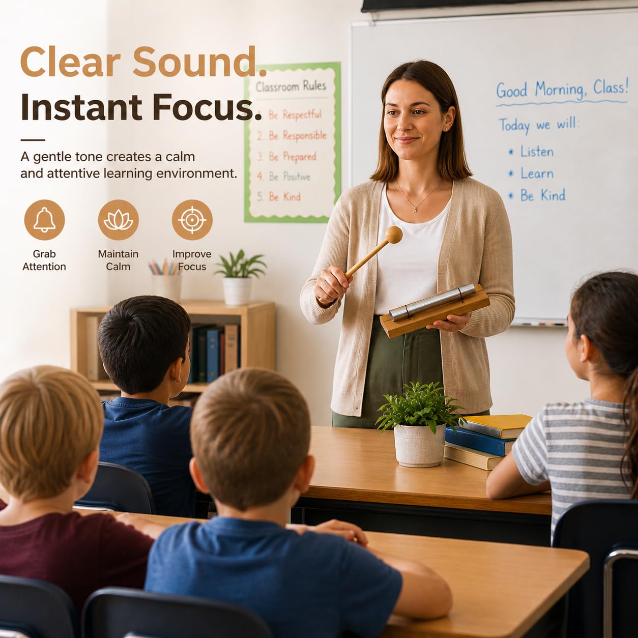 Blinvcra 5 Tone Hand Chime Bell for healing, Meditation Chime Bar with Wooden Mallet for Teachers Classroom Management, Mindfulness Bell Percussion Instrument for Yoga, Prayer, Focus and Relaxation