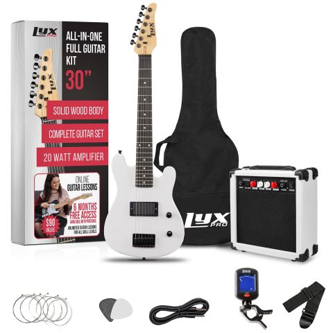 LyxPro 30 Inch Electric Guitar and Starter Kit for Kids with 3/4 Size Beginner’s Guitar, Amp, Six Strings, Two Picks, Shoulder Strap, Digital Clip On Tuner, Guitar Cable and Soft Case Gig Bag – White
