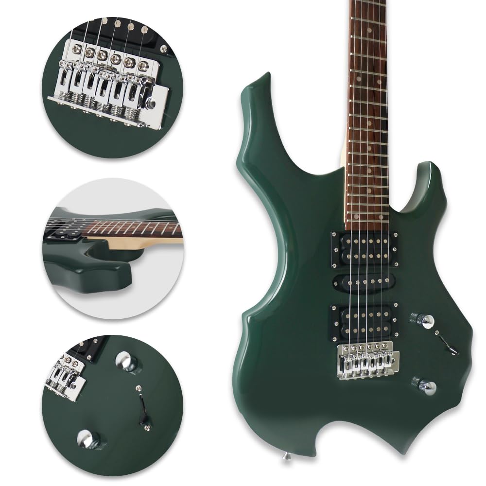 Dark Green Unique Shape Electric Guitar With 20W Amplifier Kit HSH Pickup Single Tremolo Maple Neck Phoenix Boody All In One Practice Beginner Starter (FIRE, Dark Green)
