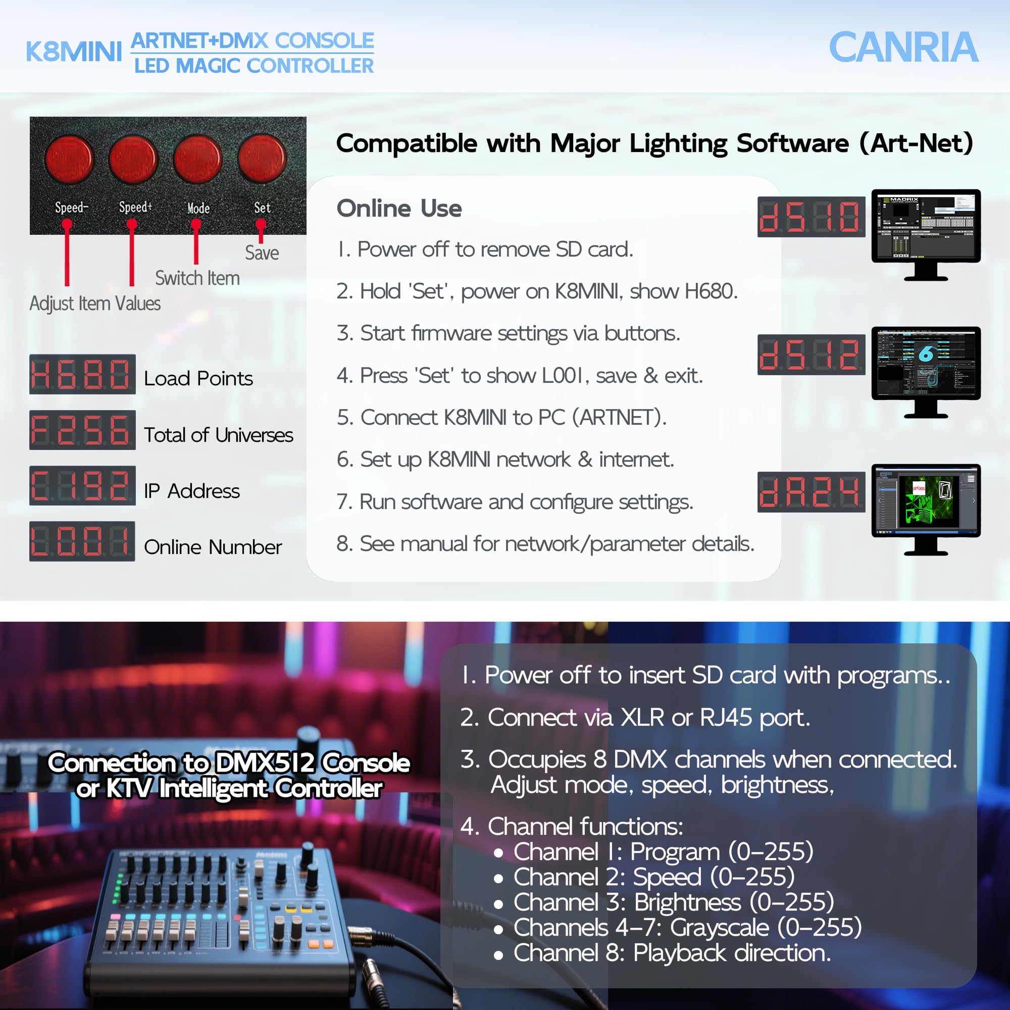 CANRIA K8MINI ARTNET+DMX Console LED Pixel Controller, for SPI-TTL LED Light, Online Offline, Addressable Programmable, 2G SD Card with 96 Program Modes and Offline Software.