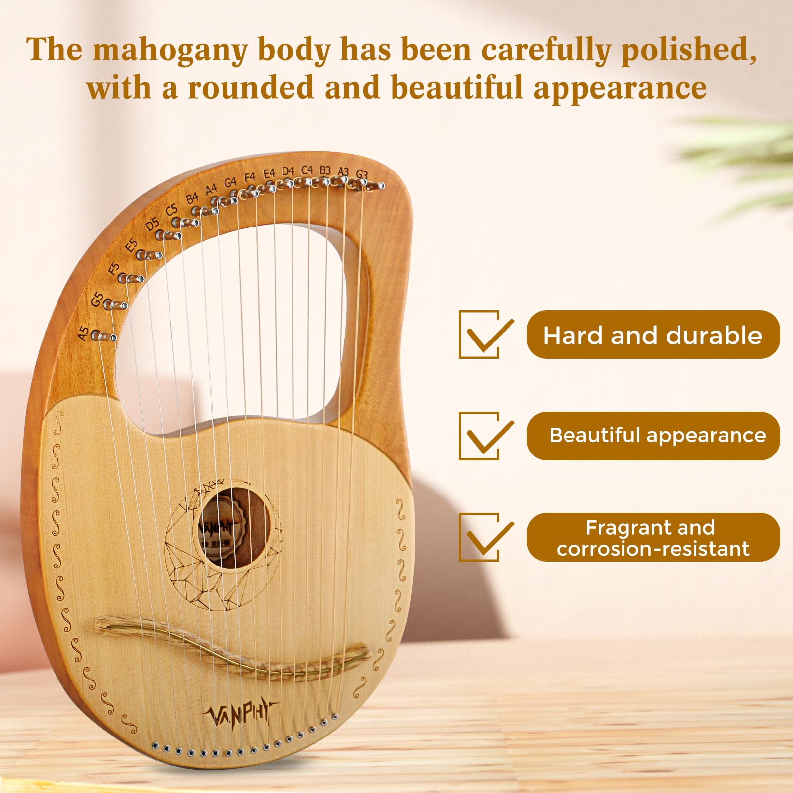 VANPHY Lyre Harp 16 Strings Mahogany Body Metal String for Beginner Harps Classical Style Harp Instrument with Tuning Wrench Strings Cleaning Cloth Strap Black Gig Bag (Wood)