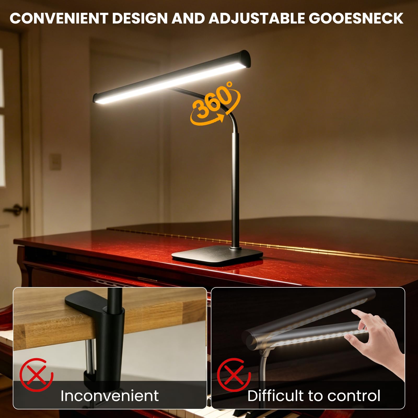 TobeBright Piano Light with Square Base, Piano Lamp with 3 Color Modes and 10 Dimmable Brightness Levels, Adjustable Gooseneck Music Stand Light with USB, for Grand/Upright Pianos, Sheet Music