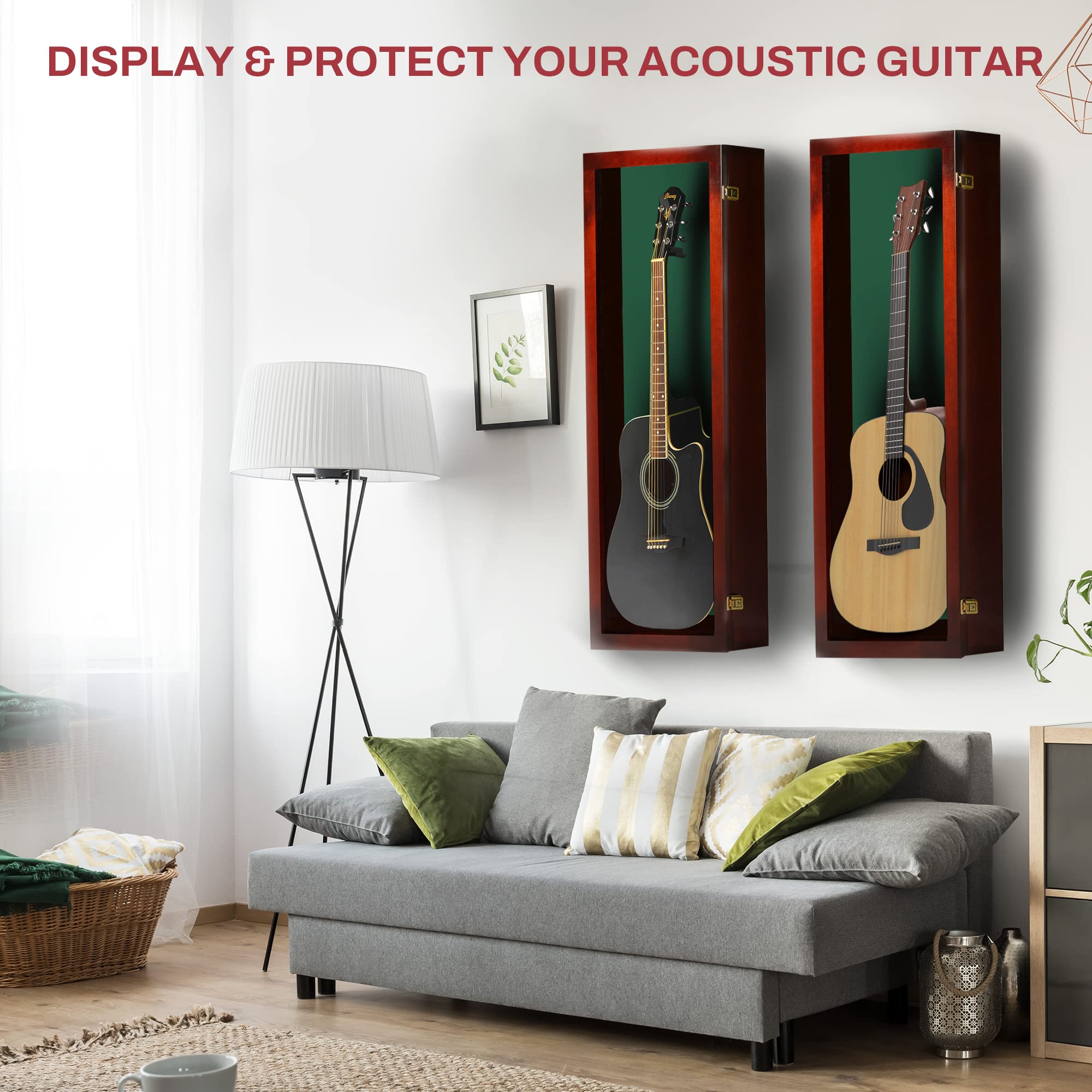 PENNZONI Acoustic Guitar Display Case – Acrylic Acoustic Guitar Case – Guitar Display Case Wall Mount Made from Hardwood Frame & Clear Acrylic – Cherry w/ Felt Green