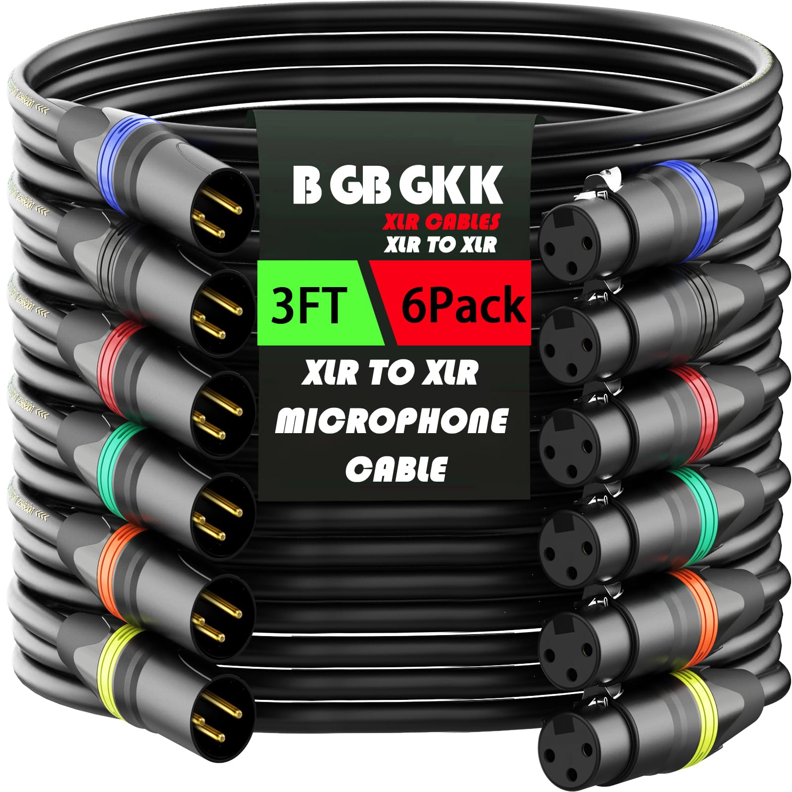 BGBGKK XLR Cables 3ft 6 Pack, XLR Microphone Cable, Male to Female, Gold-Plated 3-pin XLR Speaker Cable Balanced Mic Cable, XLR to XLR Cables for Microphones Mixer Colorful
