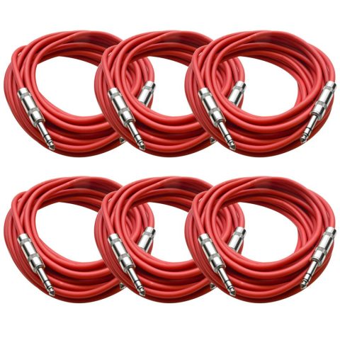 Seismic Audio – SATRX-25Red6 – Pack of Six (6) 25 Foot Red 1/4″ TRS Patch Cable – Balanced Cord – Effects