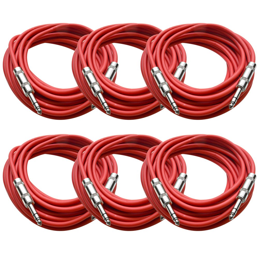 Seismic Audio – SATRX-25Red6 – Pack of Six (6) 25 Foot Red 1/4″ TRS Patch Cable – Balanced Cord – Effects