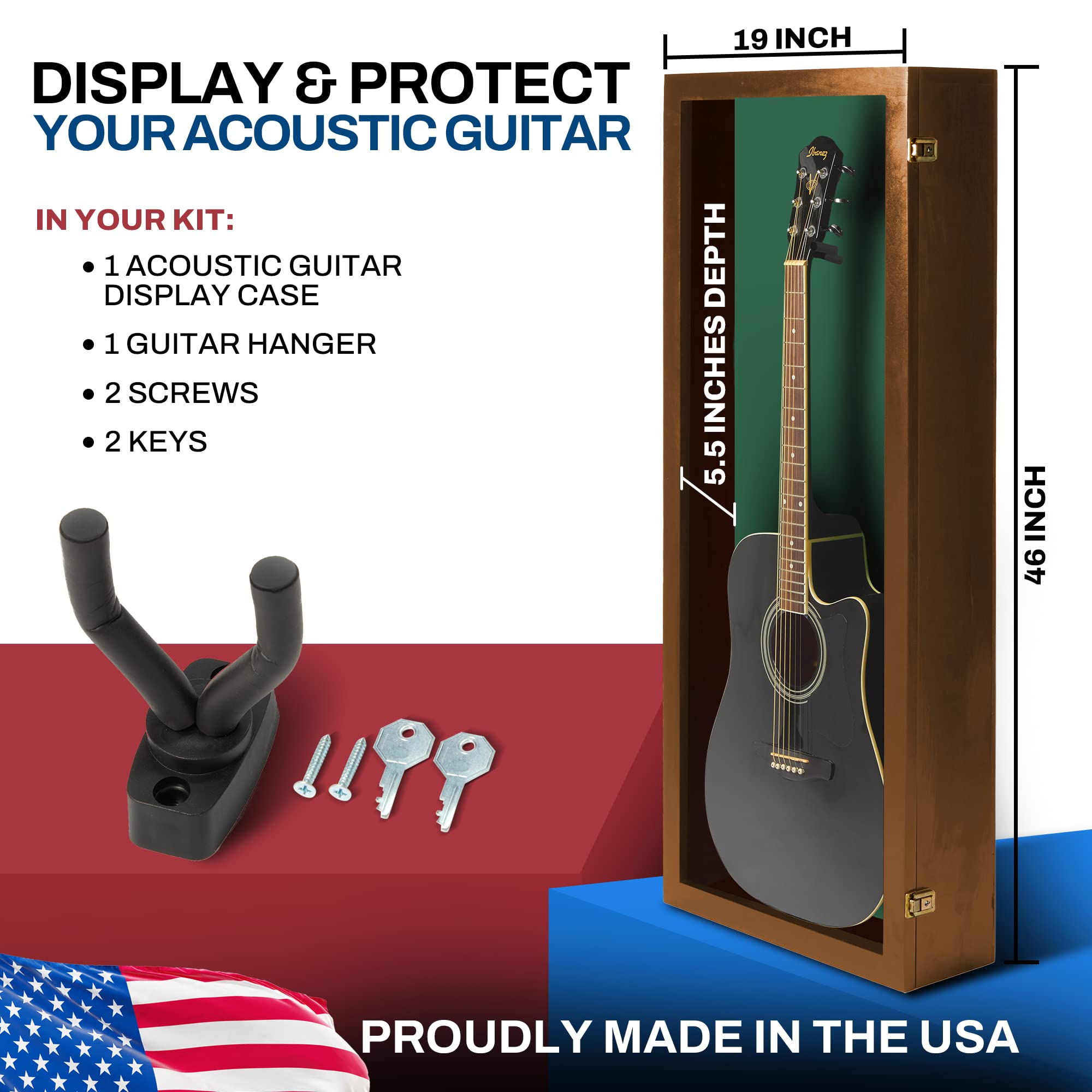 PENNZONI Acoustic Guitar Display Case – Acrylic Acoustic Guitar Case – Guitar Display Case Wall Mount Made from Hardwood Frame & Clear Acrylic – Walnut w/Felt Green