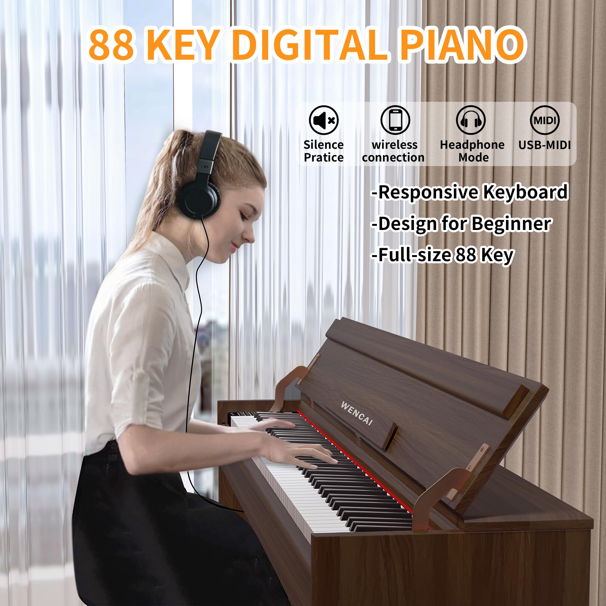 WENCAI 88 Key Digital Piano, Black, Sub Brown