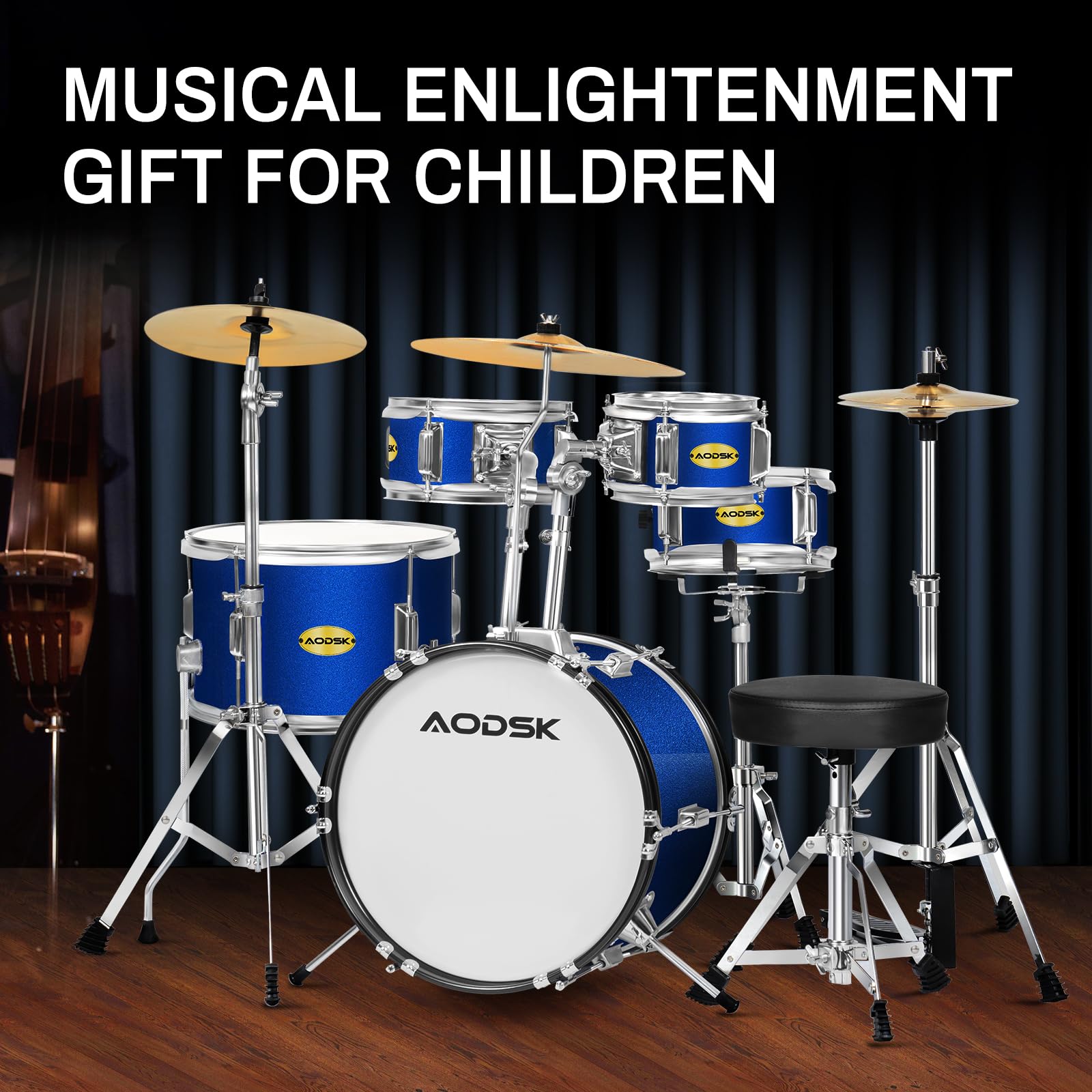 AODSK 5-Piece 14″ Jr. Drum Set, Complete Kit with Throne, Cymbals & Sticks