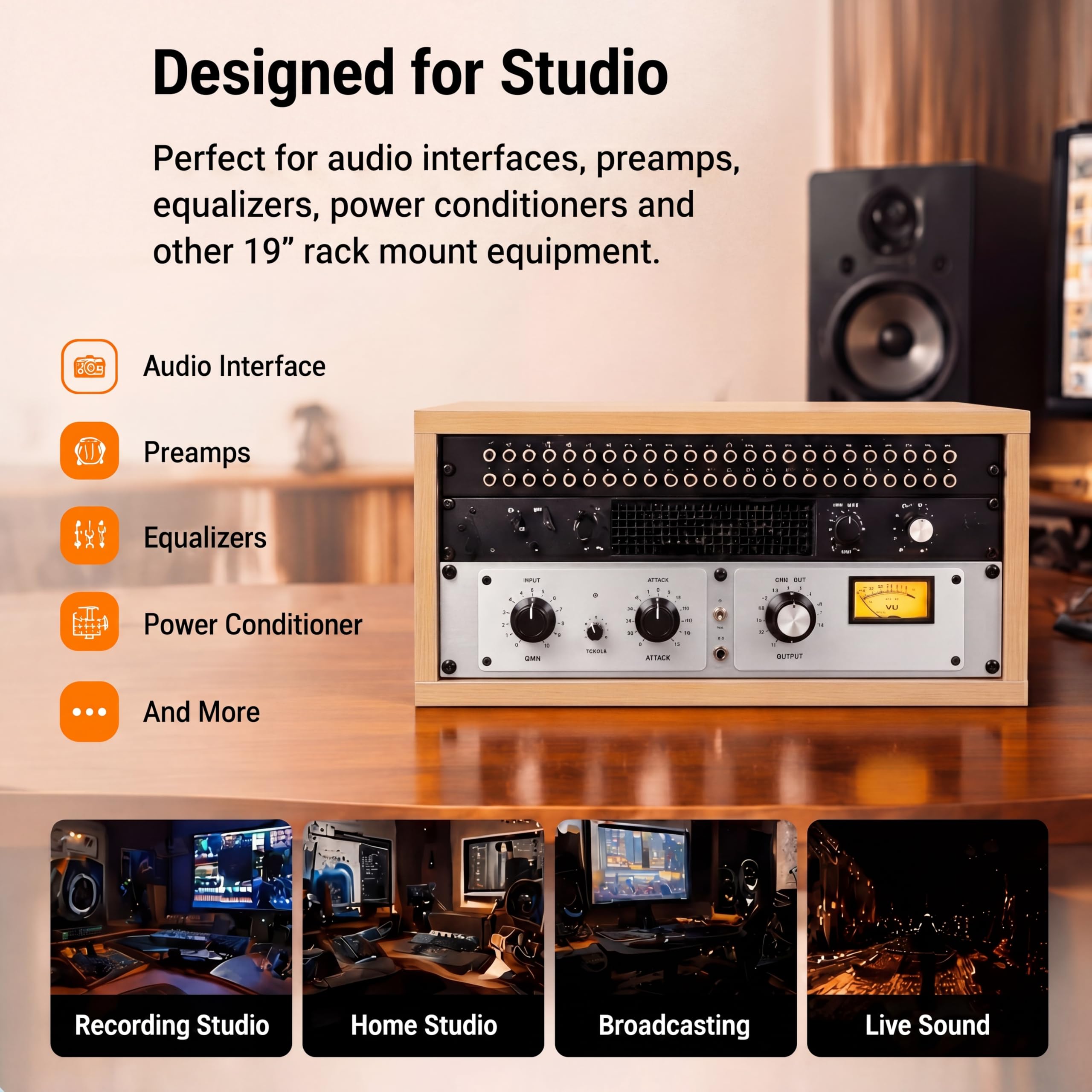 AceOrbit 4U Wooden Studio Rack for Pro Audio Gear 4u Audio Rack Case in Oak Finish Compact Efficient Desktop Storage Protect Equipment Studio Control Home Room Use (Wood)