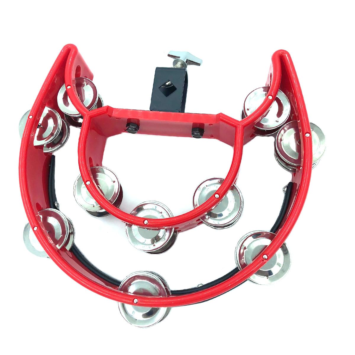 TUOREN Hi Hat Tambourine Half Moon Drum Set Mount With Double Row Bells and Mounting Eye Bolt for Drum Kit Percussion Accessories – Red
