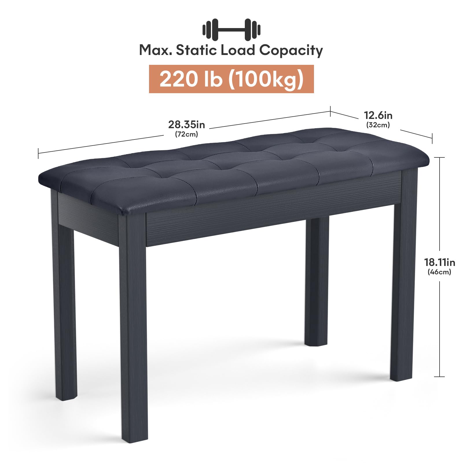 ZHRUNS Duet Piano Bench Wooden Keyboard Bench with Storage Compartment, 29” Piano Chair Seat with Padded Cushion, Long Piano Stool Black