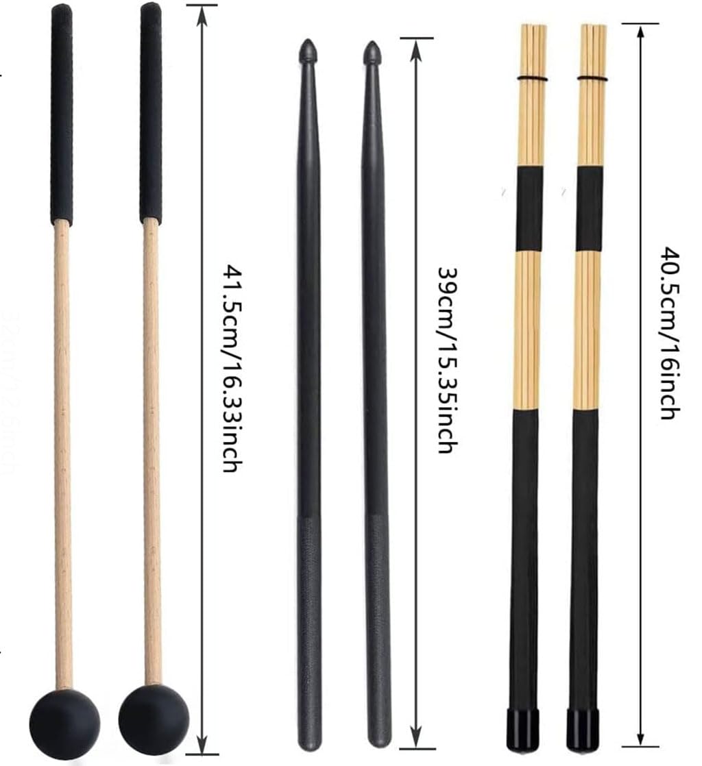 TUOREN Drumstick Bag with Floor Tom Hooks Includ 5 Pairs Drum Sticks Mallets Brushes Set Percussion Instrument Accessories for Beginners Drummer Practice Black