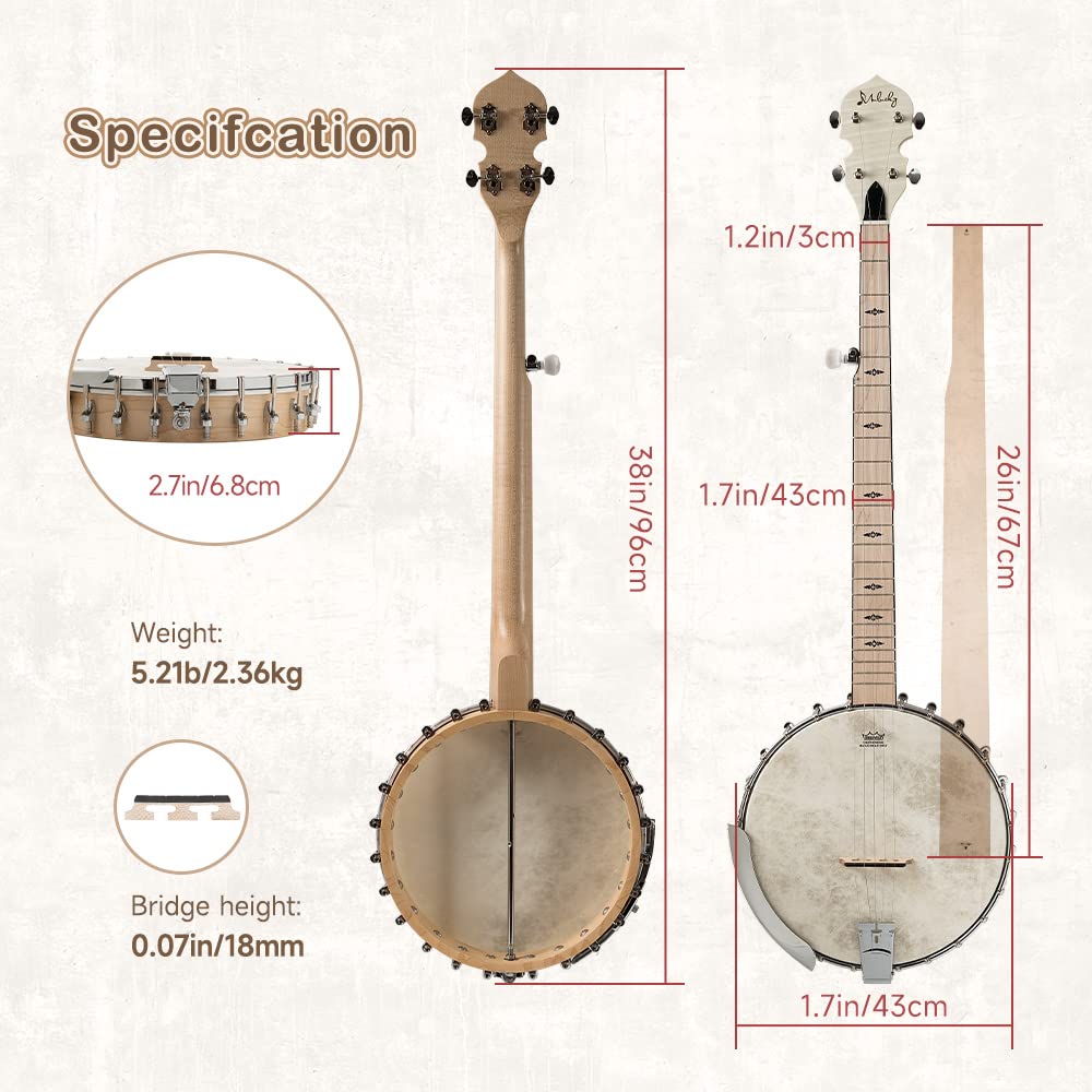 Mulucky 5 String Open Back Banjo MB1101, Maple 24 Brackets Remo Head Kit