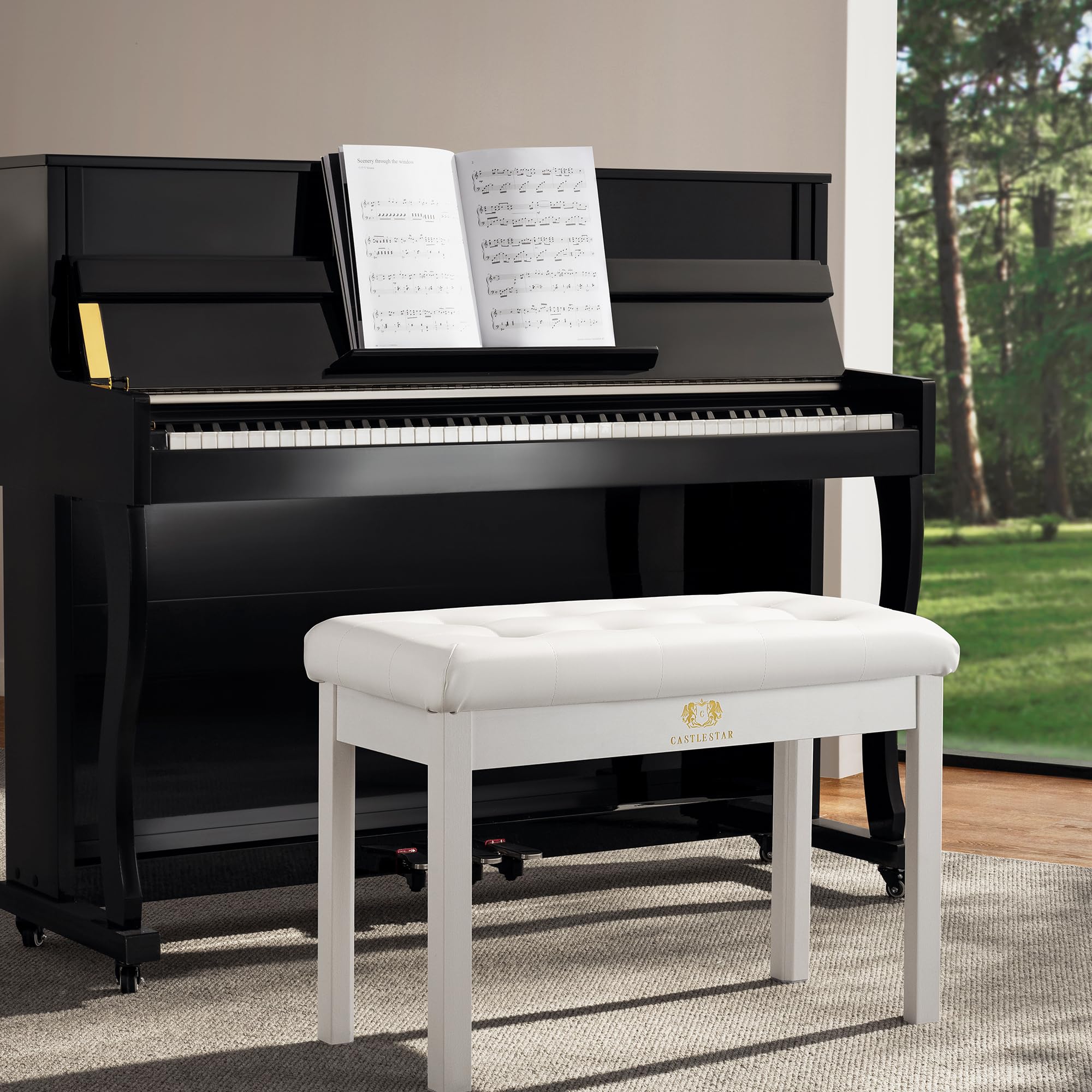 Castlestar Premium Duet Piano Bench with Storage – 3 Inches Plush PU Leather Seat, Solid Wooden Legs, Comfortable Piano Seat for Two – White