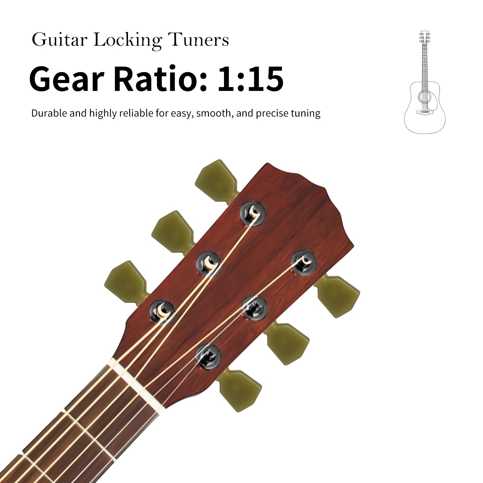 SAPHUE 3+3 Vintage Style Locking Guitar Machine Heads – 1:15 Ratio Lock String Deluxe Tuning Key Pegs Tuners Set Replacement for Electric, Acoustic or Folk Guitars (Chrome)