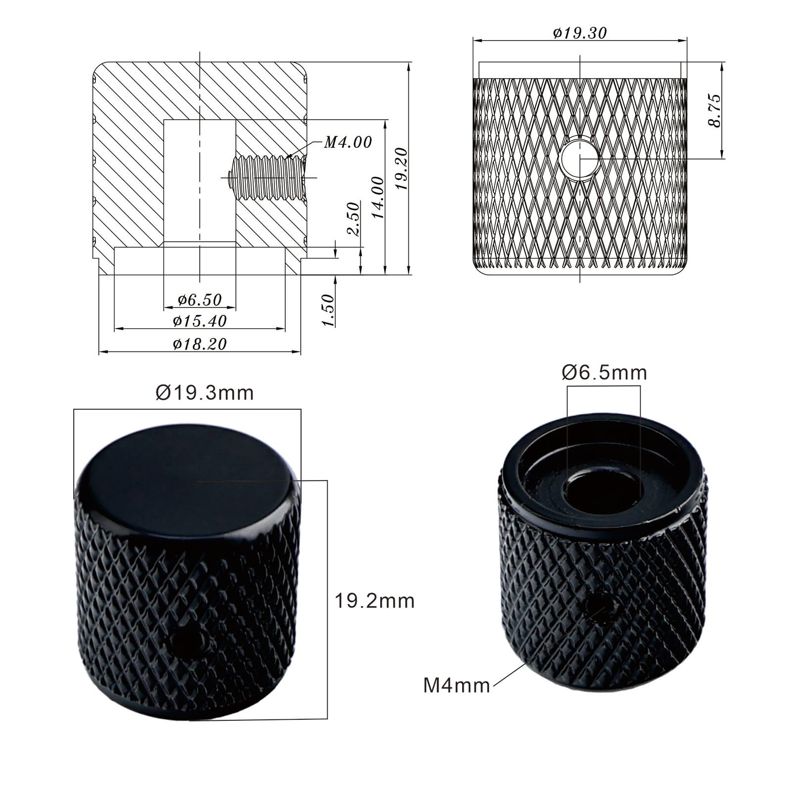 OVSAL 2PCS Stainless Steel Guitar Knobs CNC Machined Volume Tone Control Knobs Flat Top 1/4″(6.5mm) Hole Set Screw Fit for Fender Strat Telecaster Les Paul Electric Guitar or Bass(Matte Black)