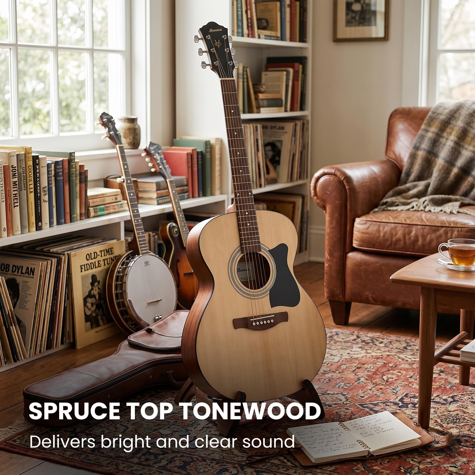 Ibanez IJVC50 JamPack Grand Concert Dreadnought Acoustic Guitar Pack – Open Pore Natural Bundle with Gig Bag, Tuner, Strings, Pouch, Strap, Picks and Austin Bazaar Polishing Cloth
