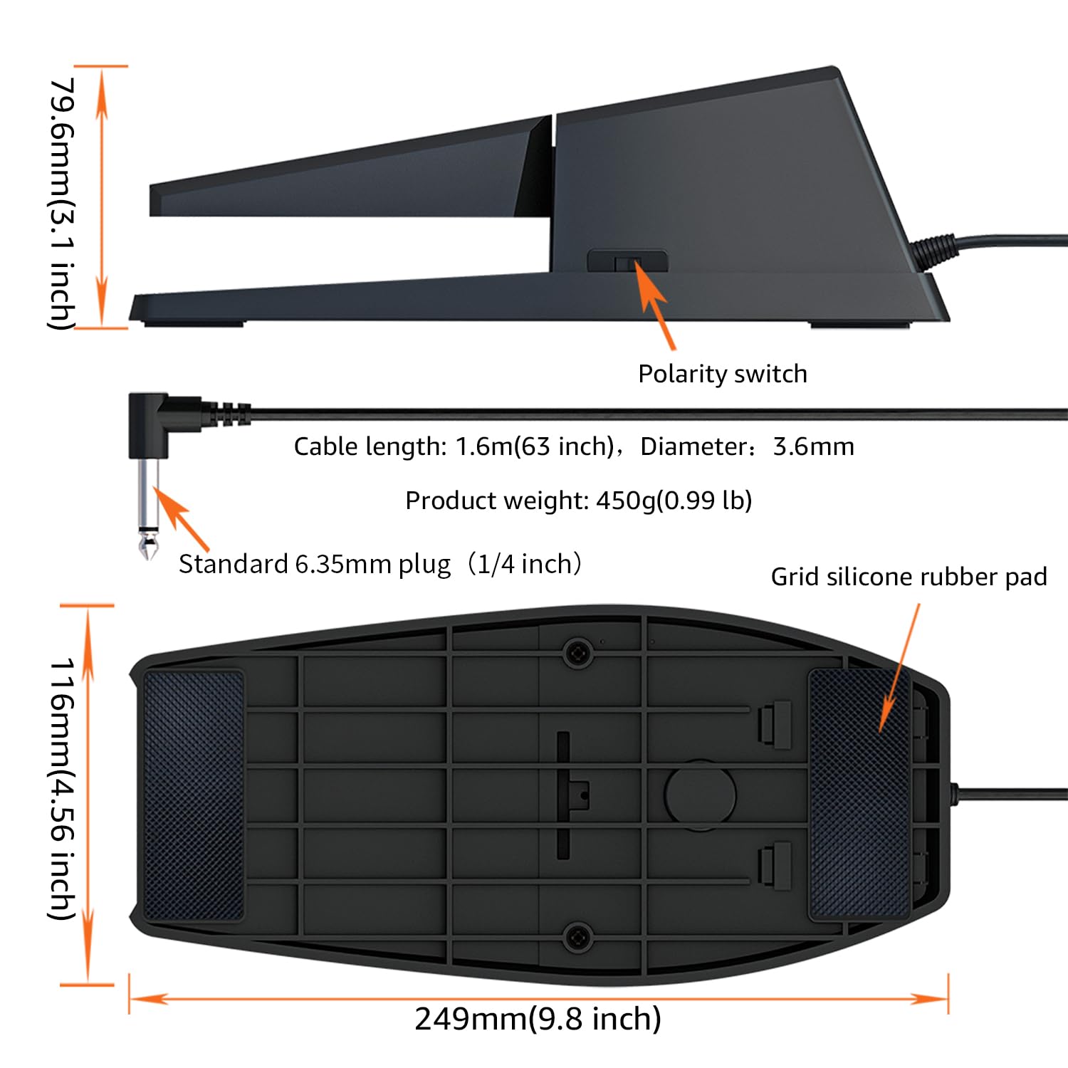 Universal Sustain Pedal for Digital Pianos – Extra-Wide Ergonomic Design with Anti-Slip Silicone Pads, Tilted Comfort Surface & Polarity Switch (Applicable to All brands on the market)