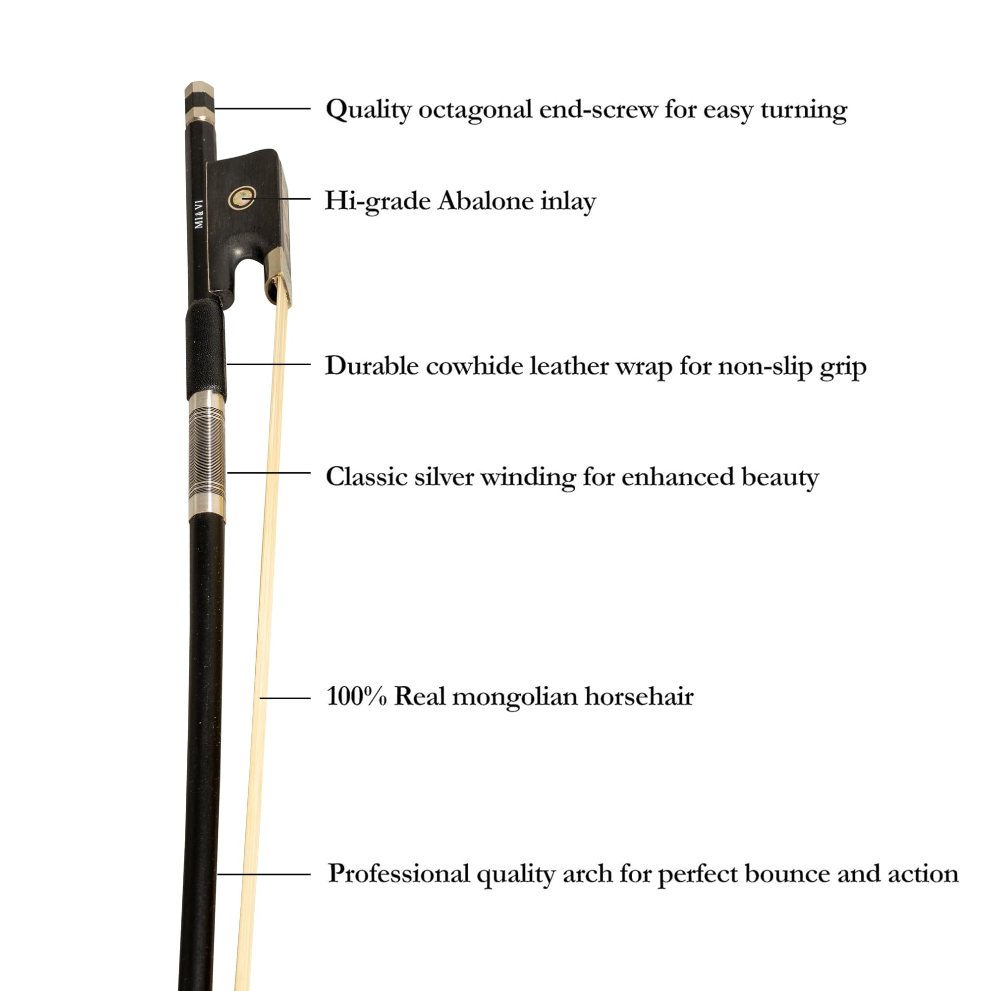MI&VI CB-720 Classic Carbon Fiber Cello Bow (Full Size 4/4) with Case Included | Ebony Frog | Well Balanced | Mongolian Horse Hair – MIVI Music