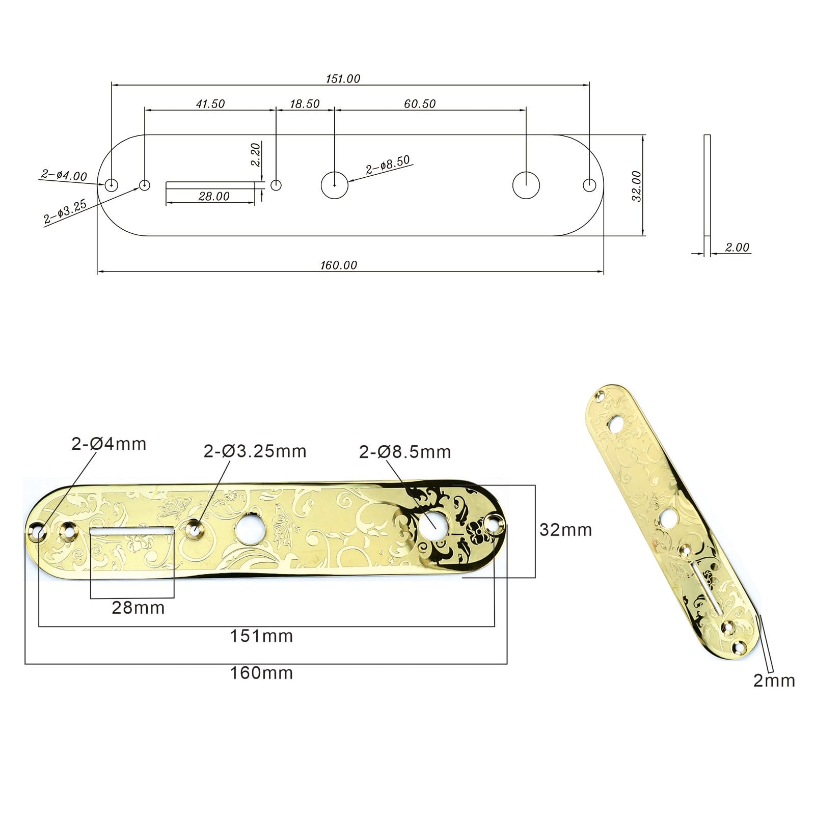 OVSAL Stainless Steel Engraved Electric Guitar Control Plate 2-Hole Mount 8.5mm (21/64″) Control Panel Compatible with Most Telecaster Tele Style Guitar Replacement Parts(Gold)