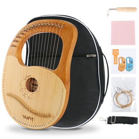 VANPHY Lyre Harp 16 Strings Mahogany Body Metal String for Beginner Harps Classical Style Harp Instrument with Tuning Wrench Strings Cleaning Cloth Strap Black Gig Bag (Wood)