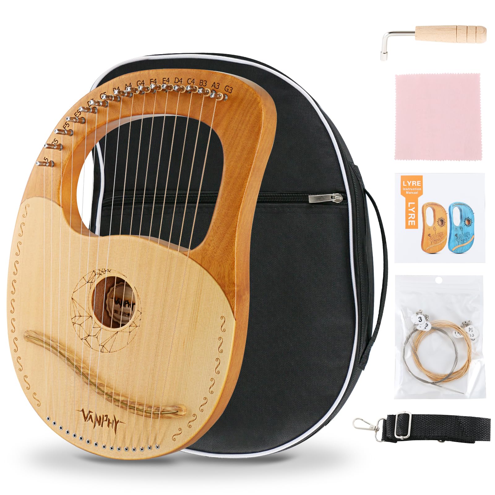 VANPHY Lyre Harp 16 Strings Mahogany Body Metal String for Beginner Harps Classical Style Harp Instrument with Tuning Wrench Strings Cleaning Cloth Strap Black Gig Bag (Wood)