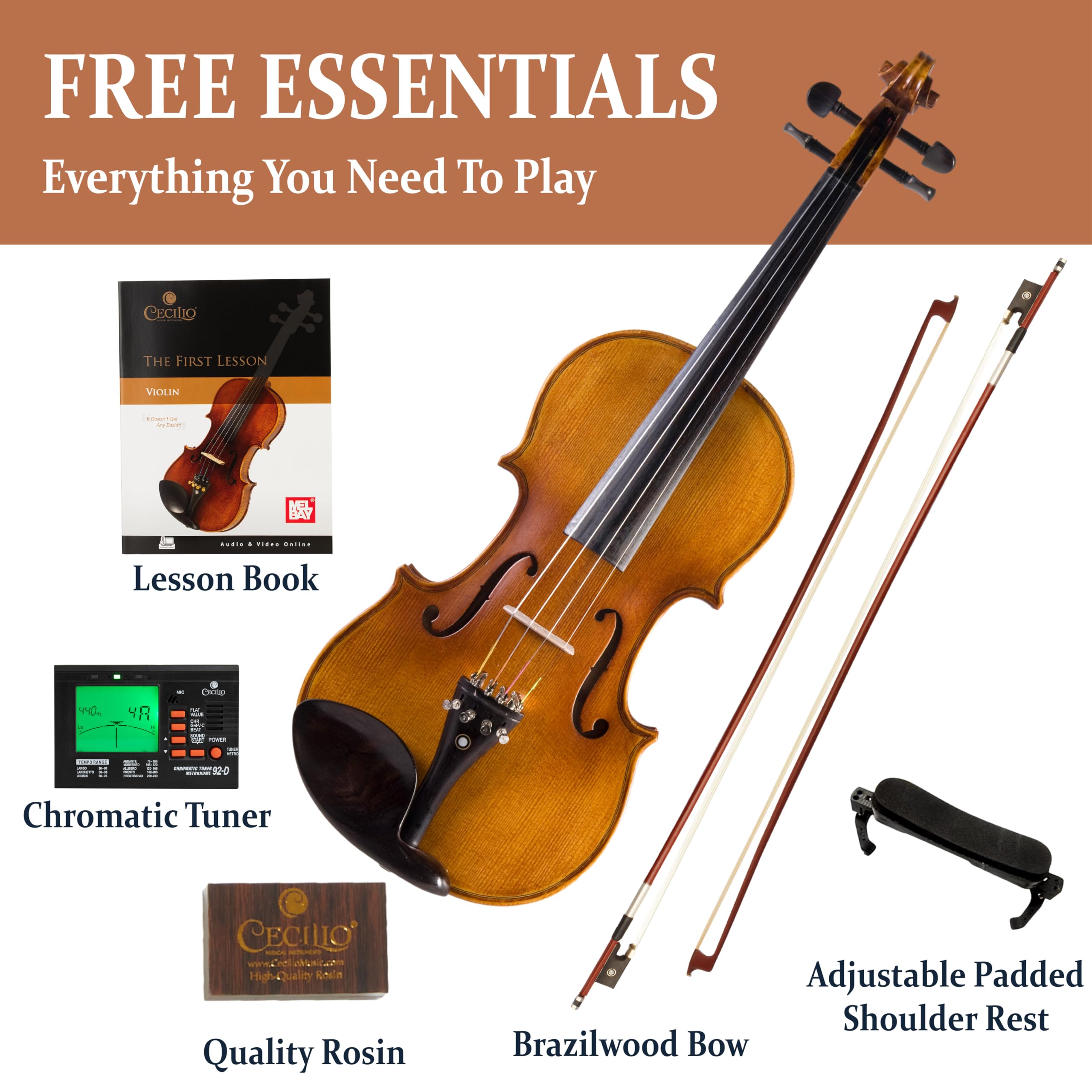 Cecilio CVN-500 Solidwood Ebony Fitted Violin with D’Addario Prelude Strings, Size 1/4