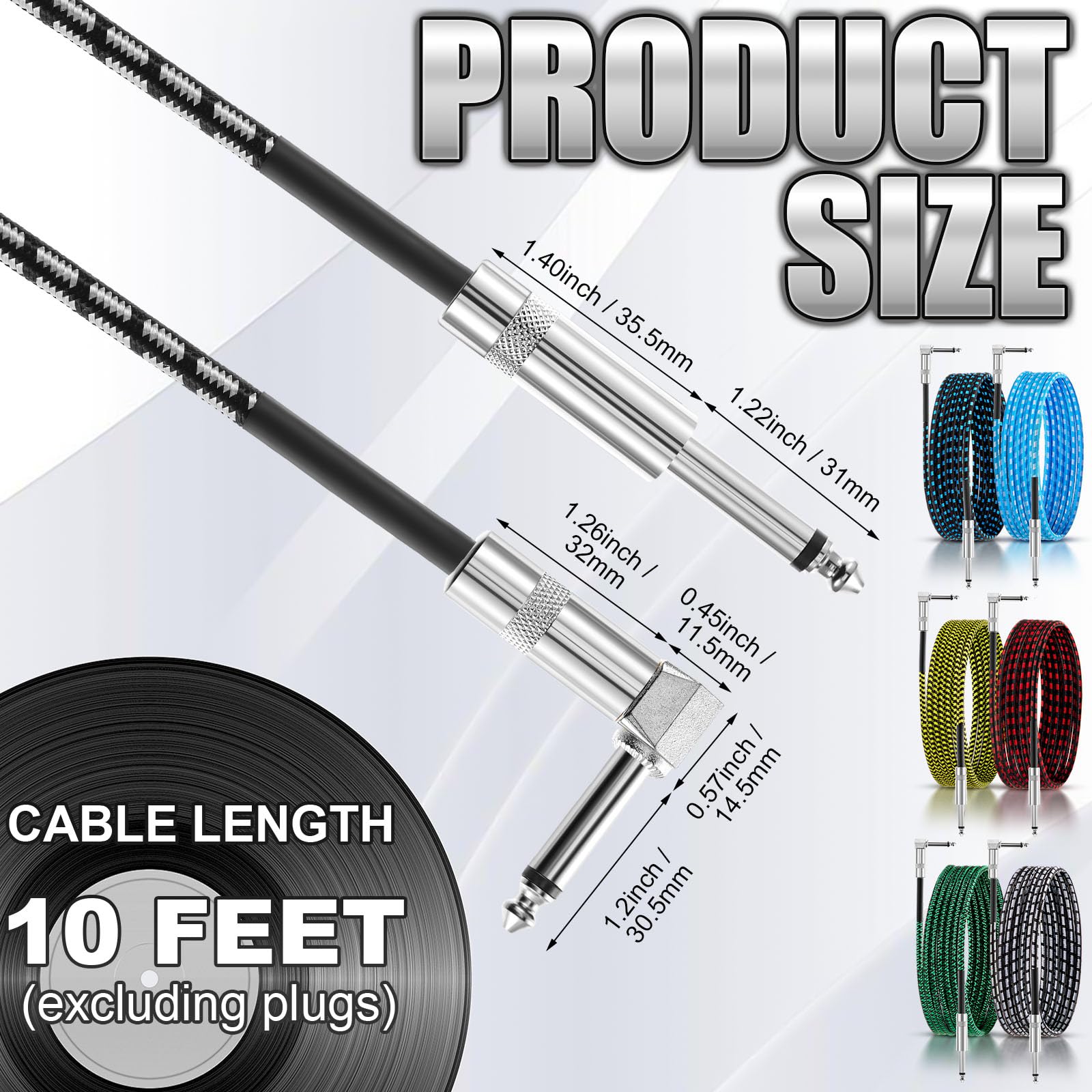 Dunkive 6 Pcs Guitar Cable 10ft Multicolored, Right Angle 1/4″ TS