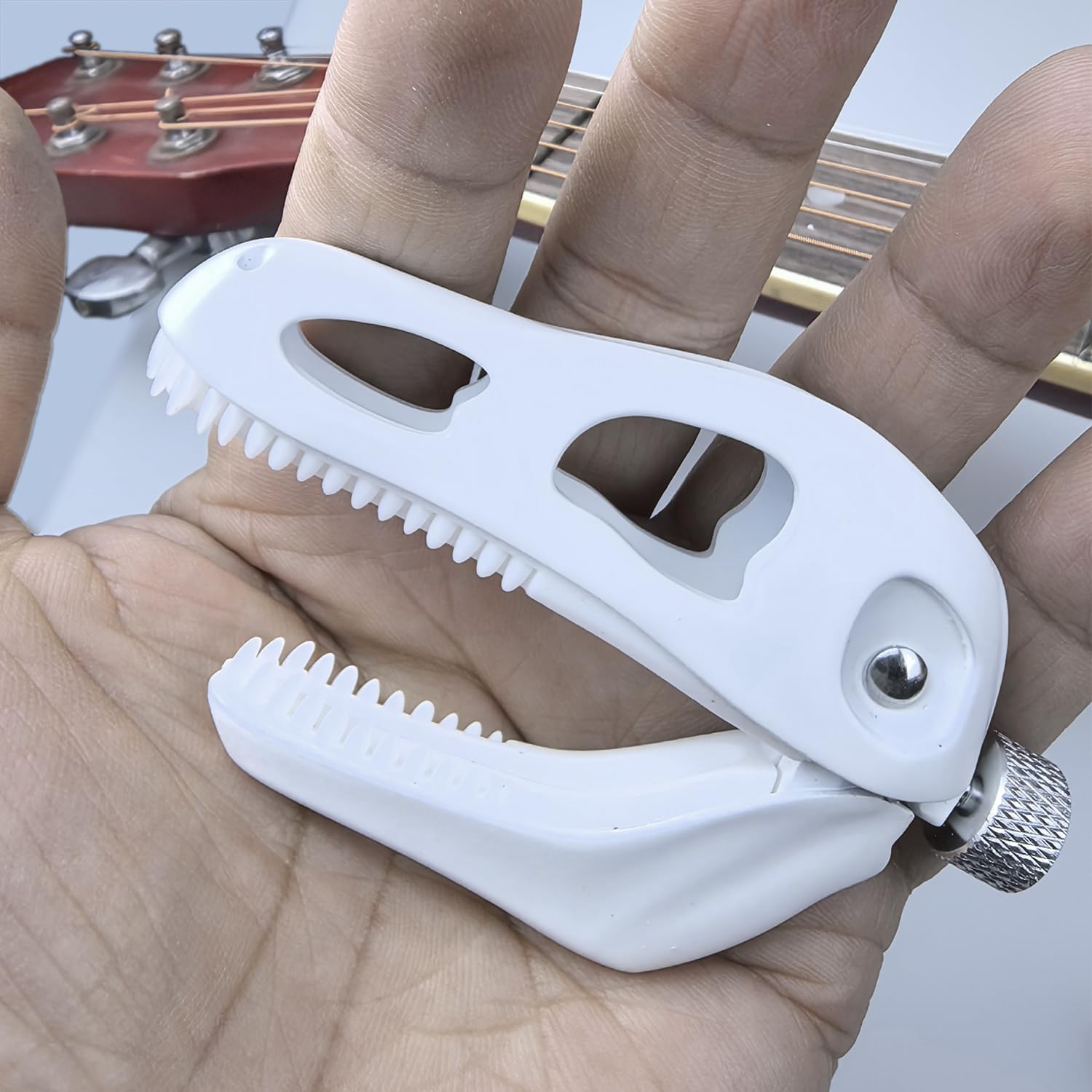 Prehistoric T-Rex Guitar Capo – Dinosaur Skull Design with Silicone Teeth, Zinc Alloy Adjustable Clamp for Acoustic/Electric Guitar, Bass, Ukulele & Banjo (White)