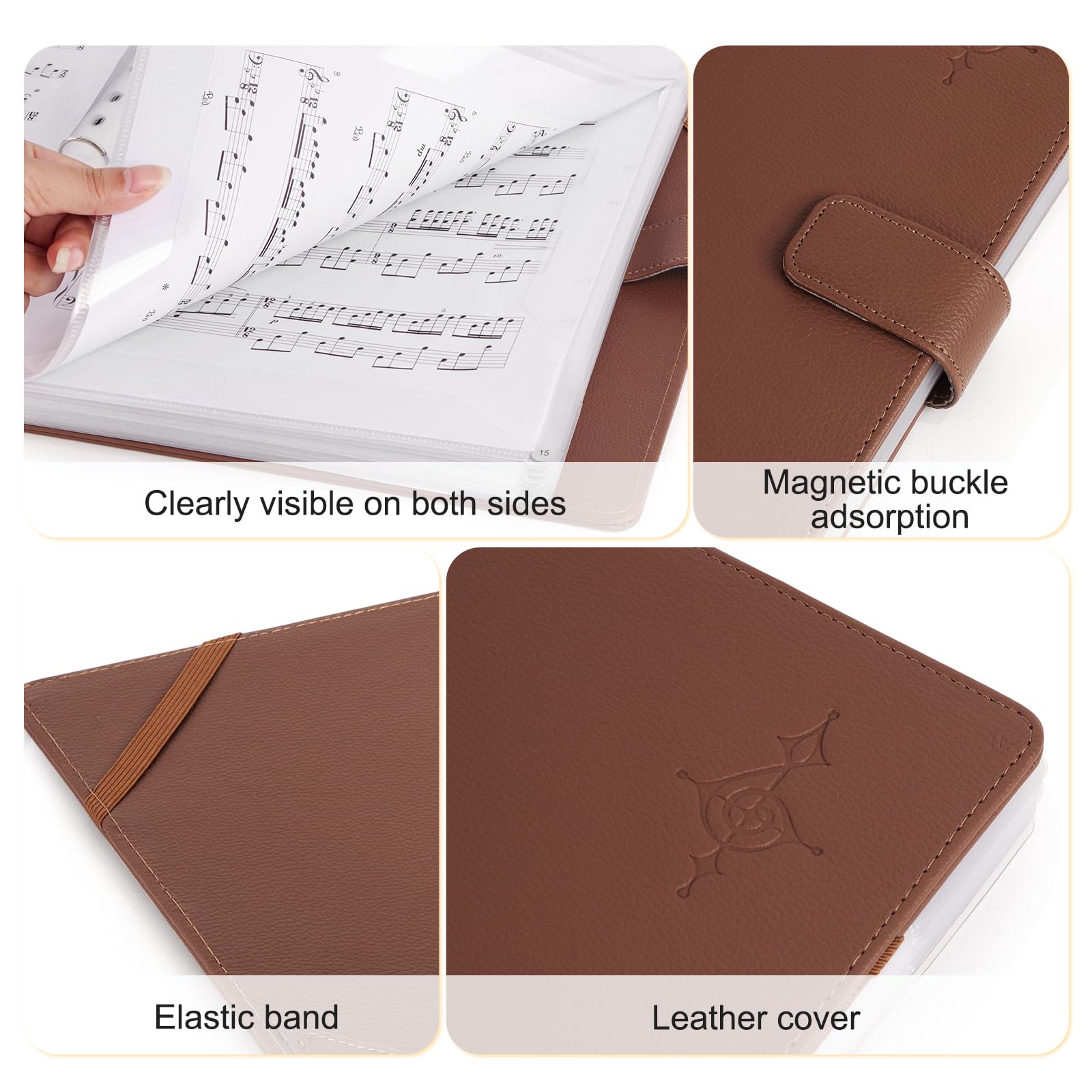 Rockhouse Sheet Music Folder, 3 Ring Binder Music Holder PU Leather Choir Folder 60 Pages Fit for Sheet Music Paper 8.5 x 11 Inch, Brown
