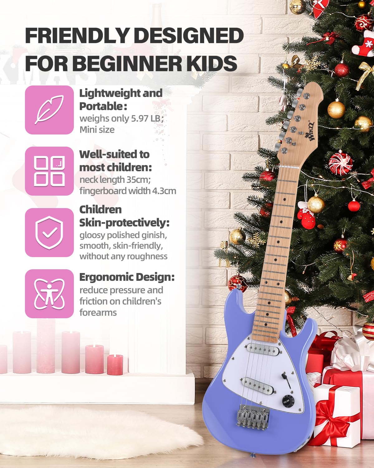 Winzz 30 Inch Kids Electric Guitar Beginner Kit, Junior 1/4 Size Mini Electric Guitar for Children Complete Stater Set with Amp, Gloosy Purple Colour