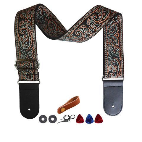 Farcaya Guitar Strap Jacquard Embroider Weave Adjustable Shoulder Strap with 2Strap Lock Button 3Picks Headstock Strap (Green and Yellow)
