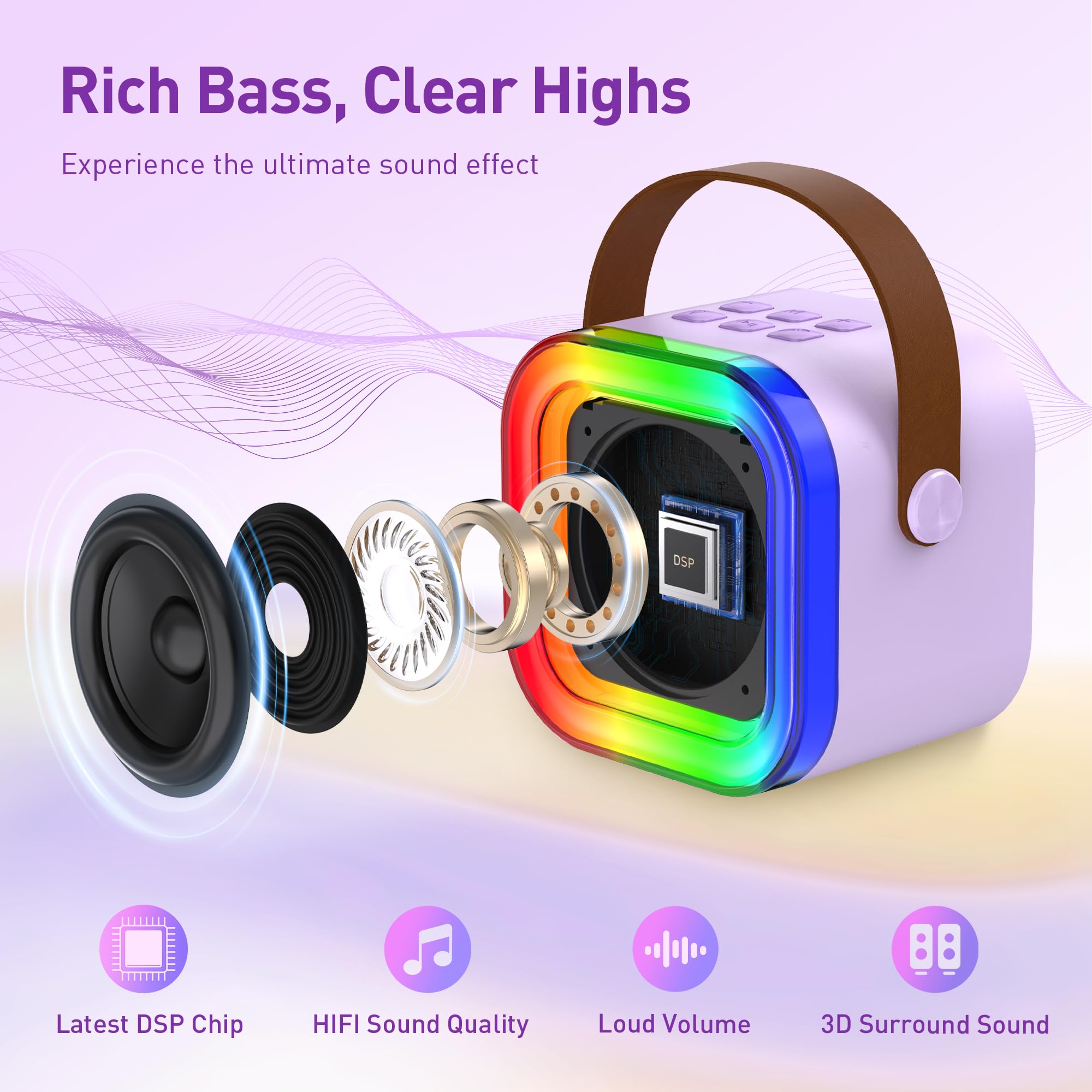 Mini Karaoke Machine: Mini Karaoke Machine with 2 Wireless Karaoke Microphones and Light for Family Home Party – Portable Singing Karaoke Speaker – Stage-subwoofers (Purple)