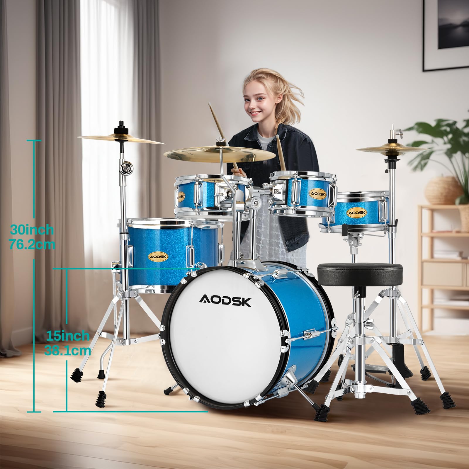 AODSK 5-Piece 14 Inch Beginner Drum Set with Throne, Cymbal Hi-Hat+Sticks