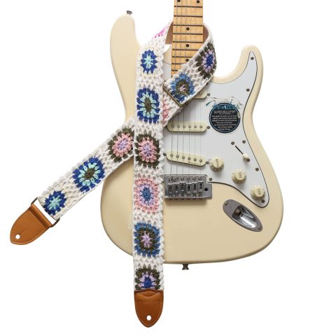 MUSIC FIRST Original Design, 2 inch width (5cm), Vintage Style Hand Made Crochet Colorful Flowers Electric Guitar Strap Bass Strap (Colorful Flowers)