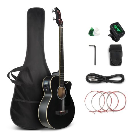 GLARRY Full Size Acoustic Electric Bass Guitar Beginner Kit, Cutaway 4 Strings Electric Acoustic Bass Guitar w/Inbuilt Tuner, Bag, Strap, Picks, Strings, Basswood Bass Guitarra, Matte Black