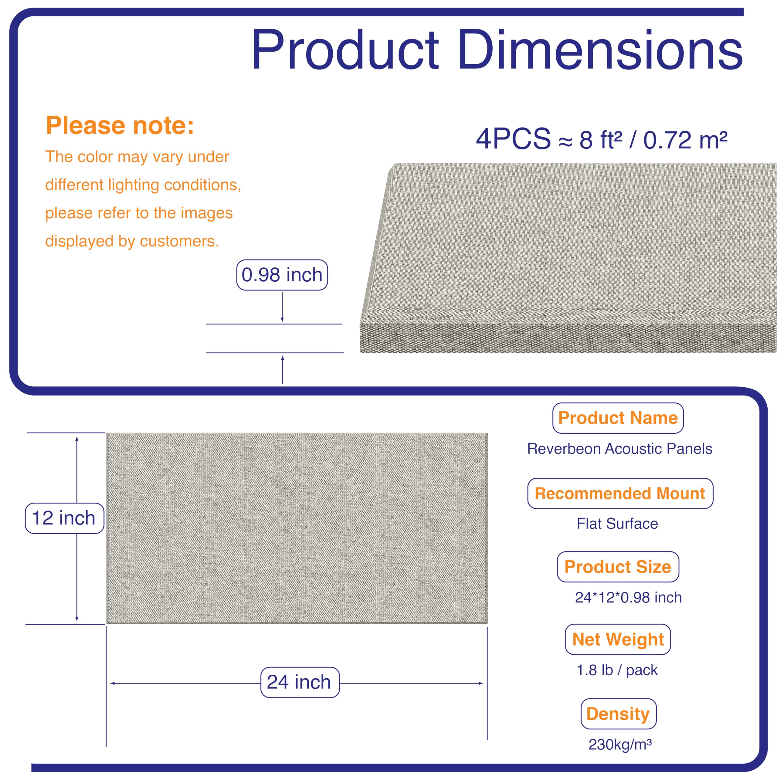 Reverbeon 4PCS Acoustic Panels, 24″x12″ Fabric Acoustic Panels for Walls, Self-Adhesive Sound Absorbing Panels for Home, Office, Studios (Mist Graphite)