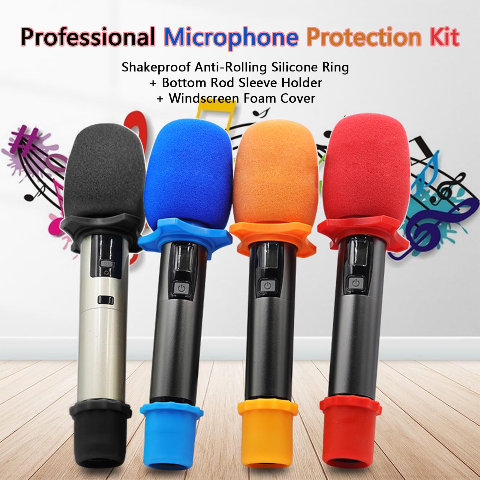 Cheerock 4 Set Red Wireless Handheld Microphone Protection Kit – Shakeproof Anti-Rolling Silicone Ring, Bottom Rod Sleeve Holder, Windscreen Foam Cover for KTV Mic Device
