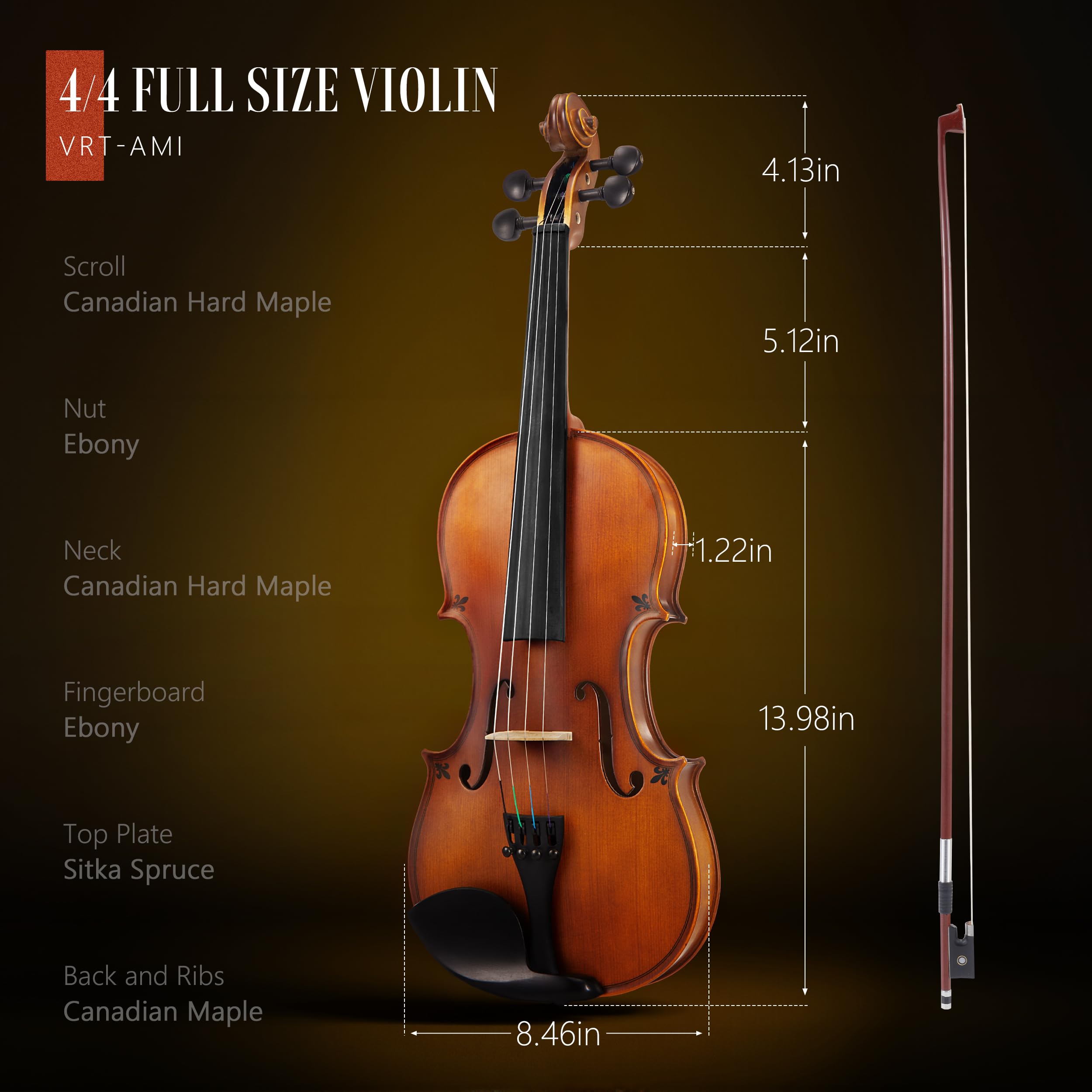 AKLOT Handcrafted Full Size Violin: Solid Wood Matte Fiddle, Acoustic Beginner 4/4 Violin Kit with Hard Case, Lesson Book, Bow, Shoulder Rest, Extra Strings, Tuner, Fretboard Stickers (VRT-AmiMS)