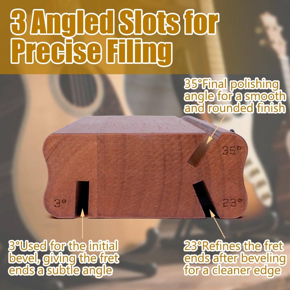 3/23/35 Degree Walnut Fret End Beveling File – 3-in-1 Guitar Fret Dressing, Crowning & Beveling Tool – Luthier Kit with Fret File, File Strips, Fret Guard Set & More for Guitar, Bass, Ukulele & Banjo