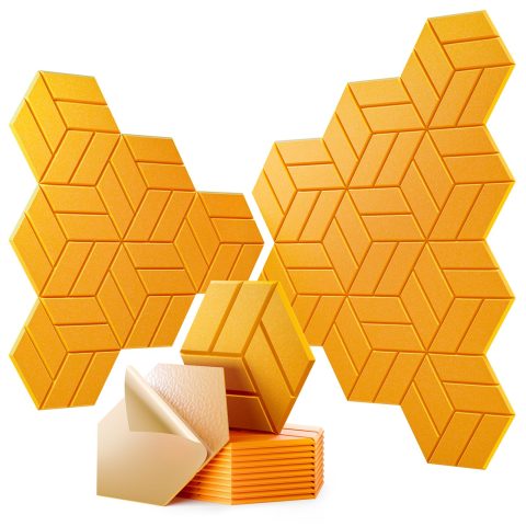 OTUOER 12Pcs Acoustic Panels with Self-adhesive, 12″X 10″X 0.4″ Sound Proof Foam Panels for Walls, Hexagonal Soundproof Wall Panels High Density, Sound Panels for Home Studio Office (Orange Yellow)