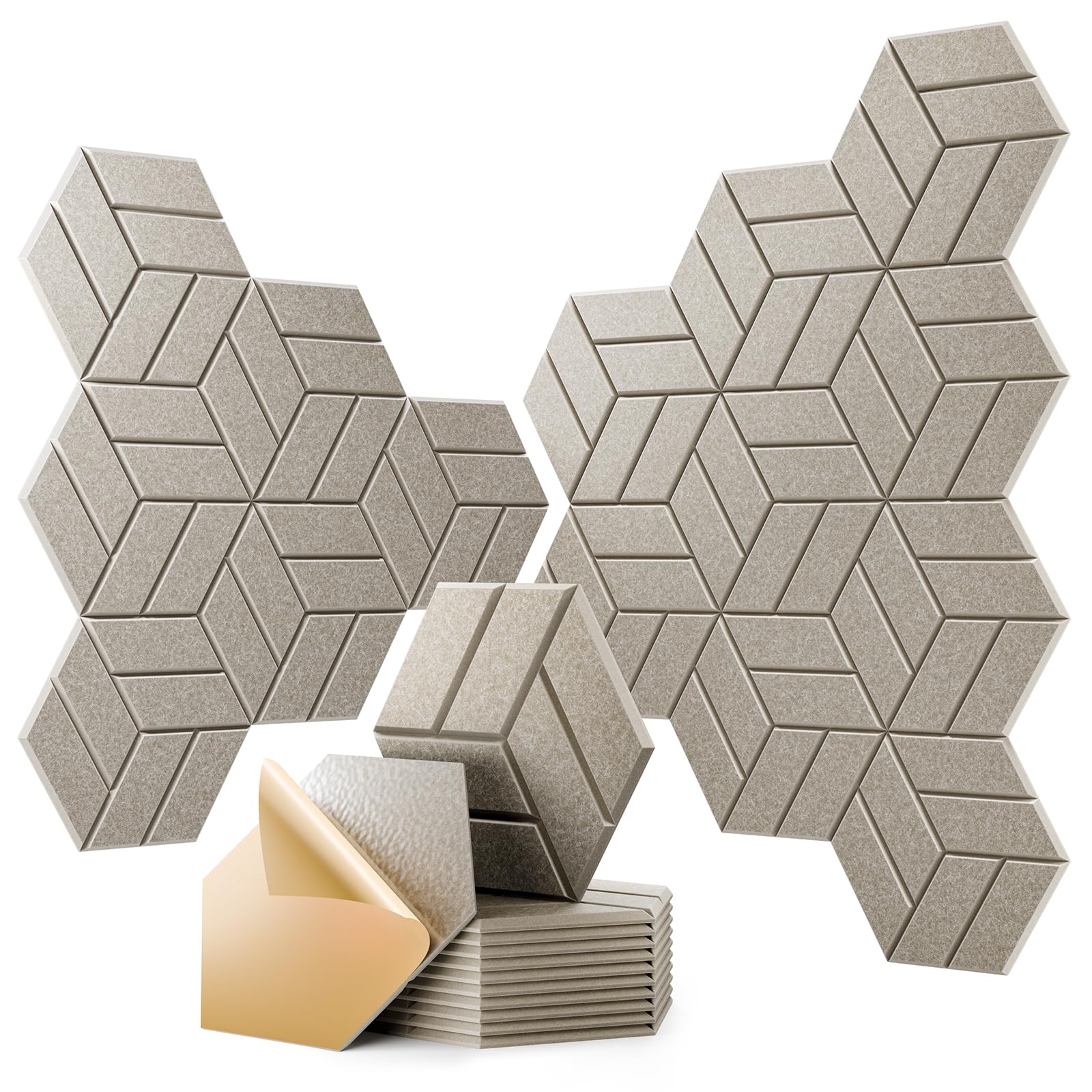 OTUOER 12Pcs Acoustic Panels with Self-adhesive, 12″X 10″X 0.4″ Sound Proof Foam Panels for Walls, Hexagonal Soundproof Wall Panels High Density, Sound Panels for Home Studio Office (Camel)