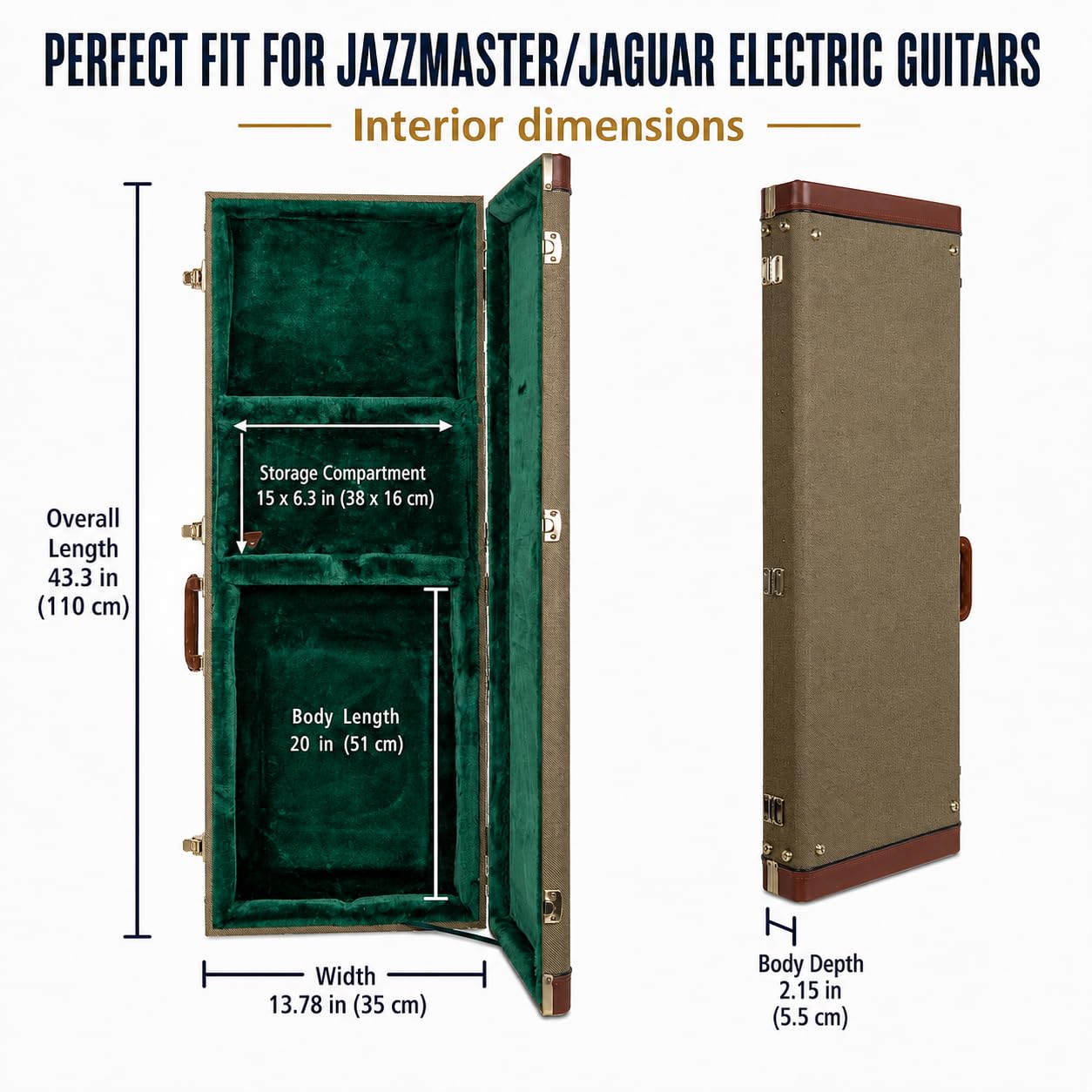 Crossrock Master Series Jazzmaster/Jaguar Style Electric Guitar Case | Olive Green Tweed Exterior, Re-Engineered Wooden Shell, Leather Handle(CRW720JMOG)