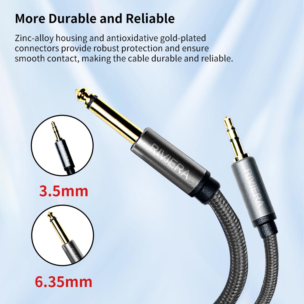 RIVIERA 6FT/1.8M Audio Cable 3.5mm 1/8″ TRS to 6.35mm 1/4″ TS Braided Sheild Pure Copper Wire and 24K Gold Plated Low Noise Cable with Braided Nylon Jacket for Digital Players & Musical Instruments