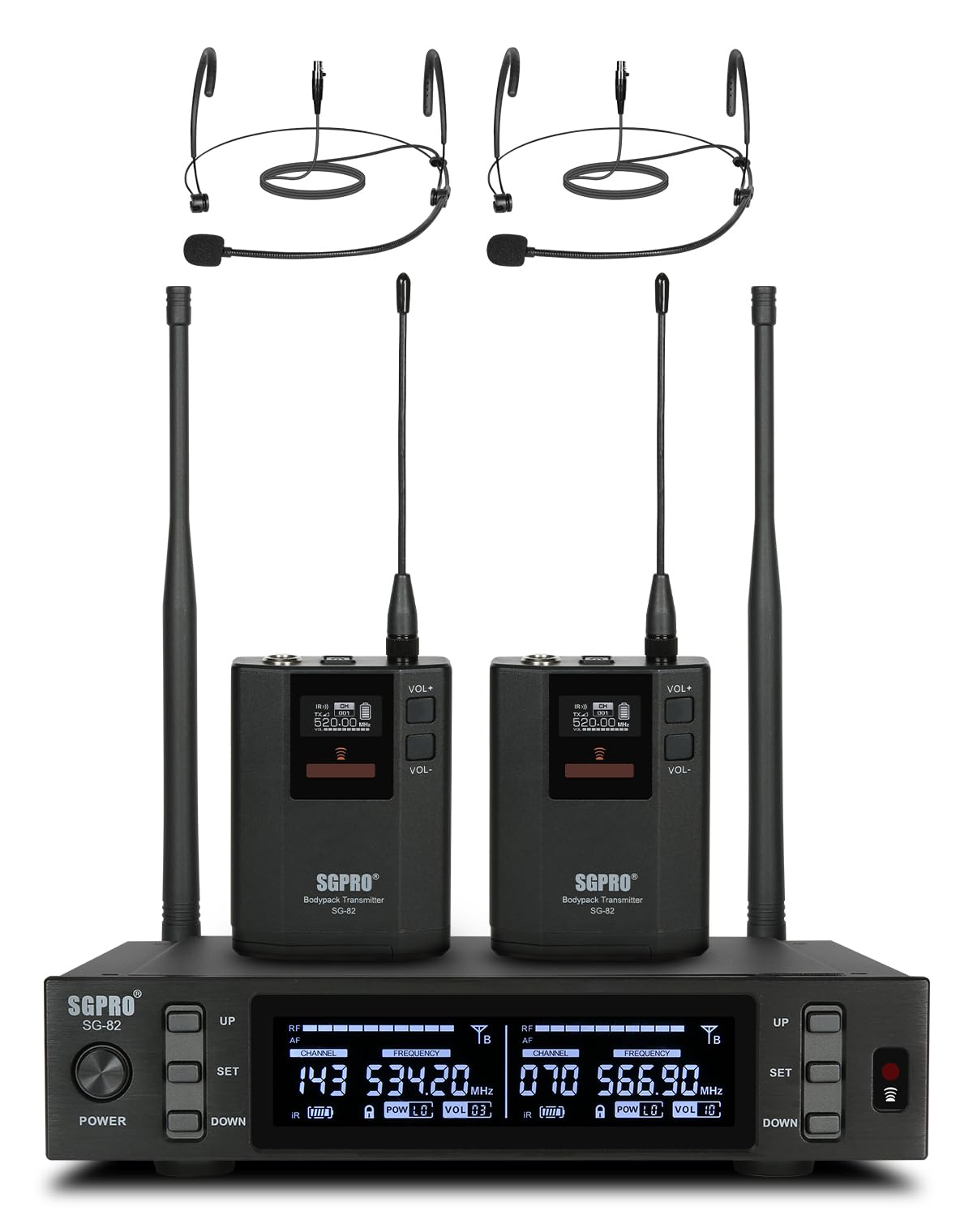 SGPRO SG-82BB Dual Wireless Microphone System, 520-590 MHz