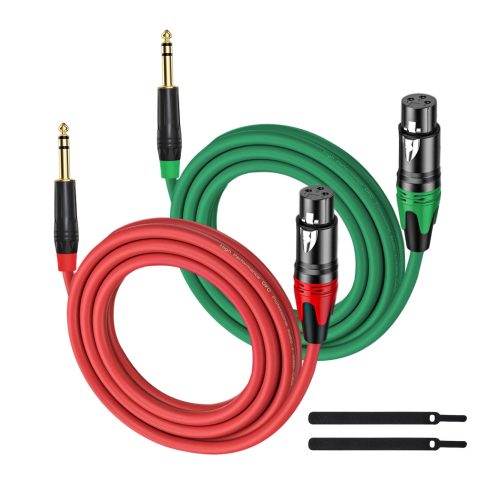 SZOZZO XLR Female to 1/4 (6.35mm) TRS Mono Jack Cable 10FT, 2 Pack, Red and Green, for Dynmic Microphone, Balanced 3 Pin XLR to TRS Plug Mic Cord, Plated Conductors