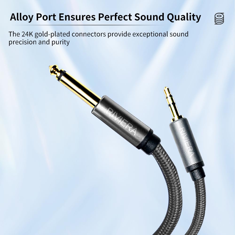 RIVIERA 6FT/1.8M Audio Cable 3.5mm 1/8″ TRS to 6.35mm 1/4″ TS Braided Sheild Pure Copper Wire and 24K Gold Plated Low Noise Cable with Braided Nylon Jacket for Digital Players & Musical Instruments