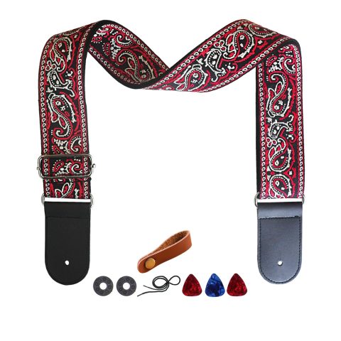 Farcaya Guitar Strap Jacquard Weave Embroider Adjustable Shoulder Strap with 2Strap Lock Button 3Picks Headstock Strap Tie (RED and Grey)
