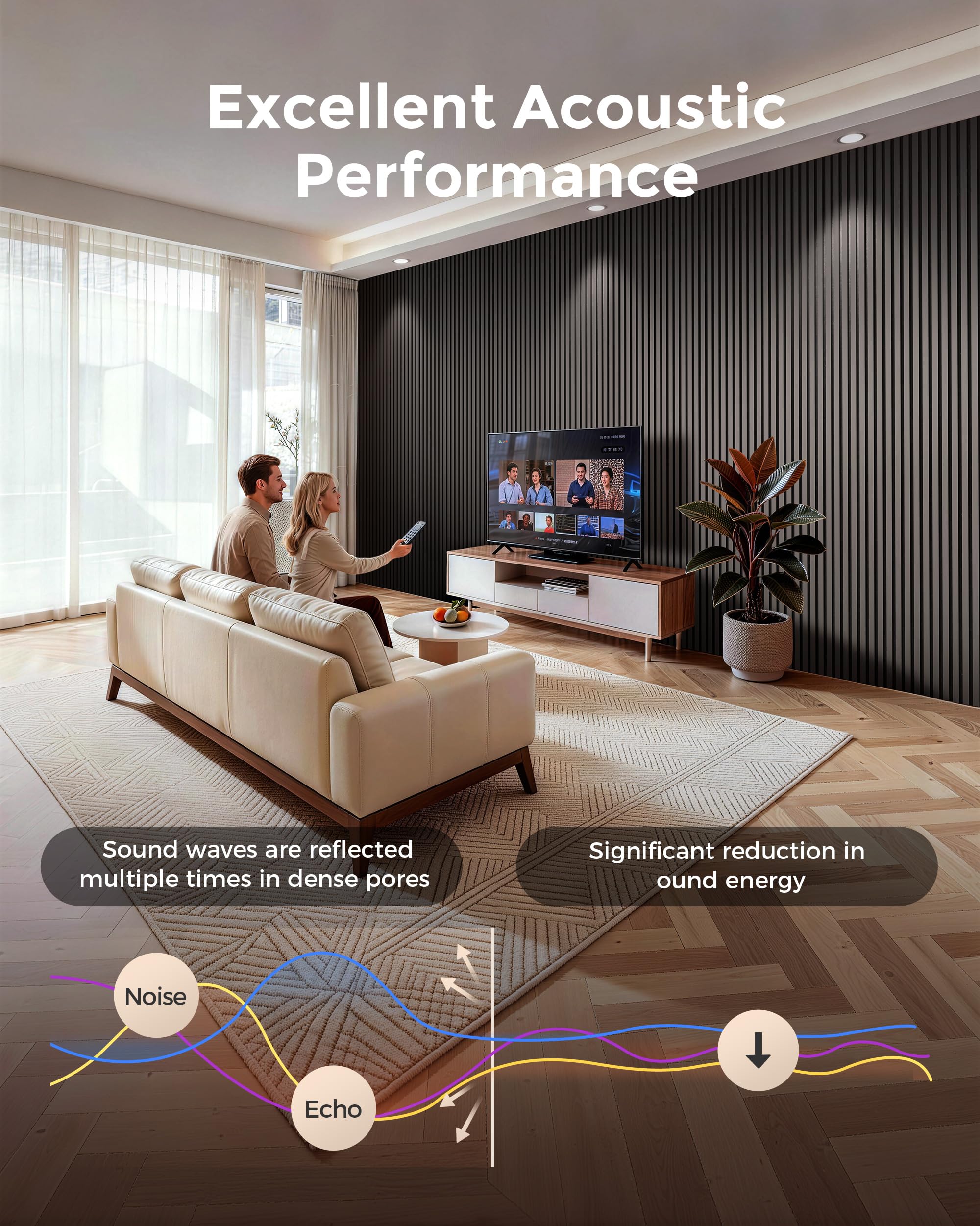 Higrelife Acoustic Wood Slat Wall Panels 94.5×12.6in 2-Pack Matte Black